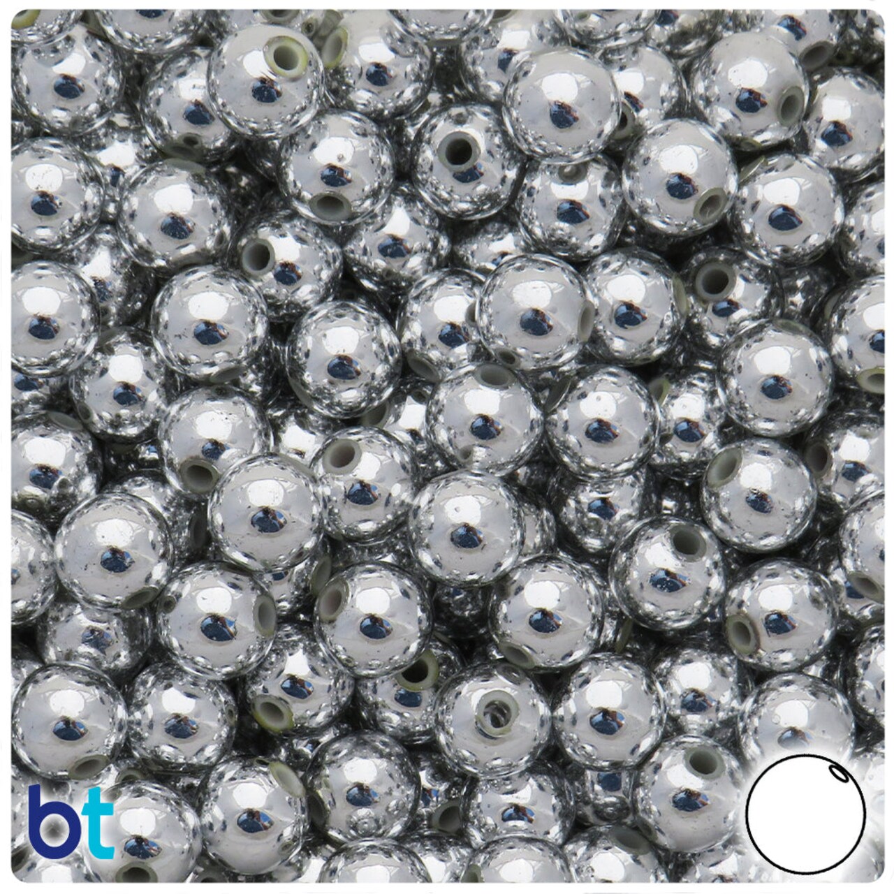 BeadTin Silver Metallic 10mm Round Plastic Craft Beads (100pcs)